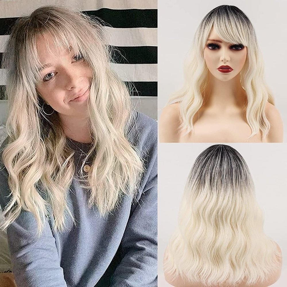 Platinum Blonde & Black Wig With Bangs Synthetic Heat Resistant Wig 18 " New
